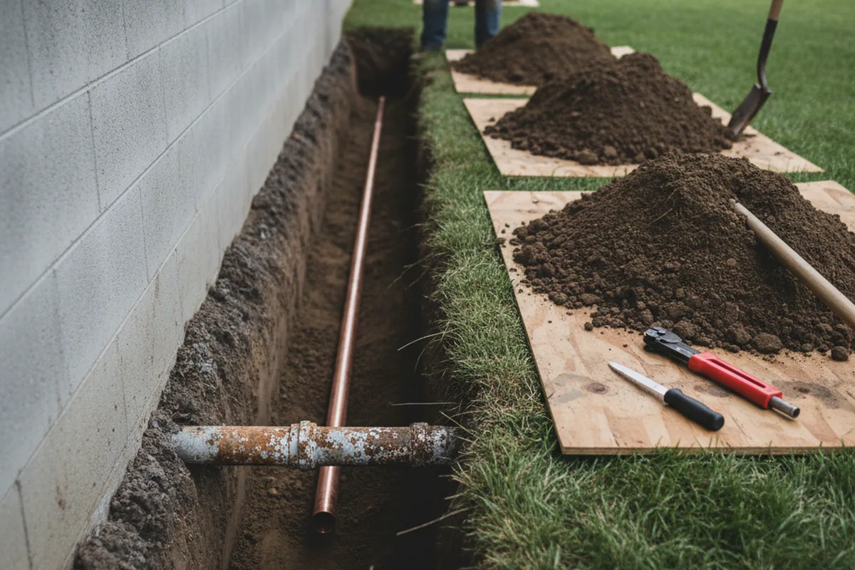 Excavated water line trench during Sewer Line Repair in South Dennis